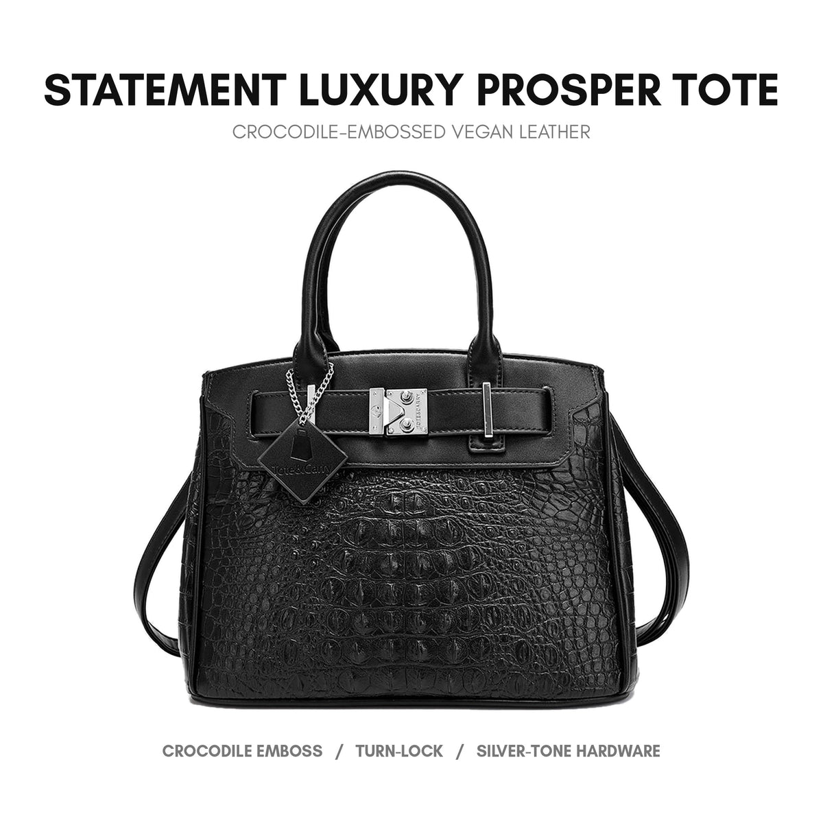 Statement Luxury Prosper Tote in Black - crocodile-embossed vegan leather