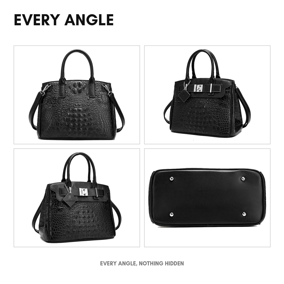 Statement Luxury Prosper Tote in Black - every angle: front, side, back and interior