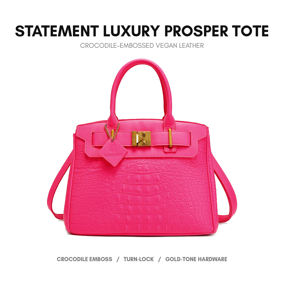 Statement Luxury Prosper Tote in Neon Pink - crocodile-embossed vegan leather