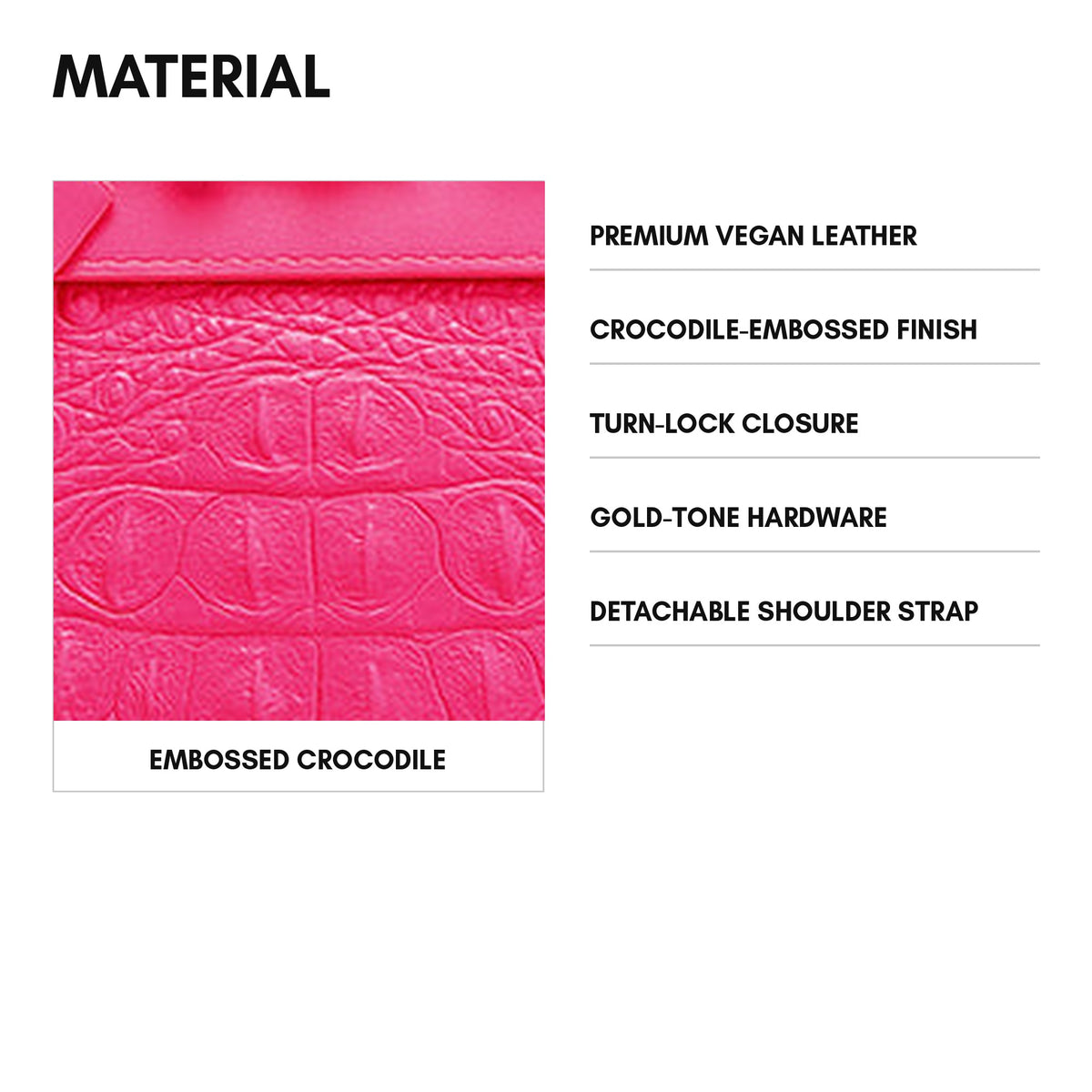 Statement Luxury Prosper Tote in Neon Pink - material and specs: premium vegan leather, crocodile-embossed finish, turn-lock closure, gold-tone hardware, detachable shoulder strap