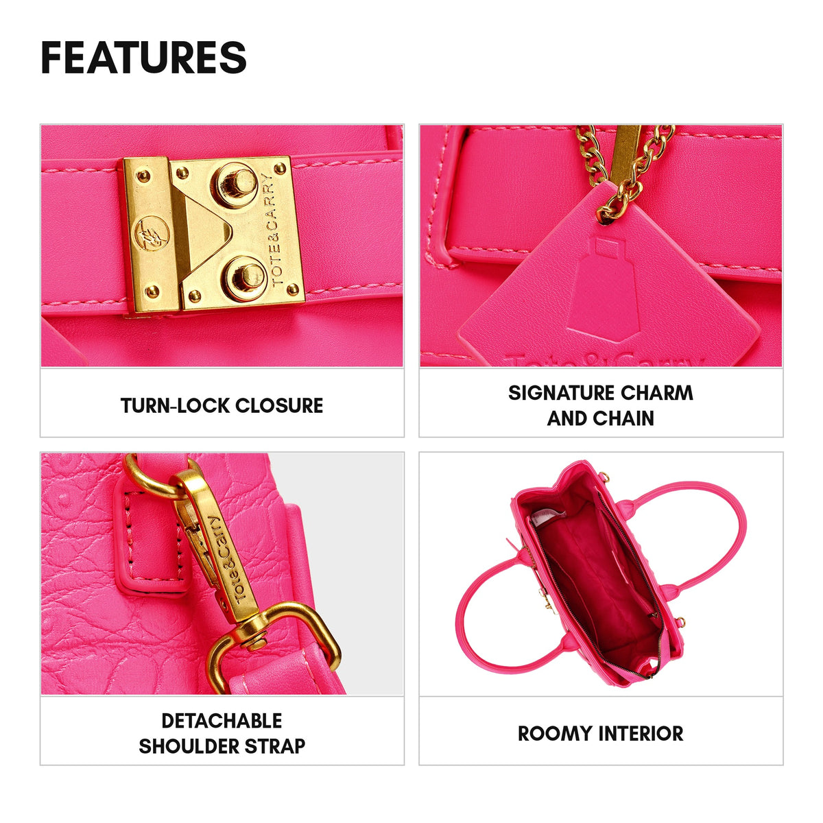 Statement Luxury Prosper Tote in Neon Pink - features: turn-lock closure, signature charm and chain, detachable shoulder strap, roomy interior