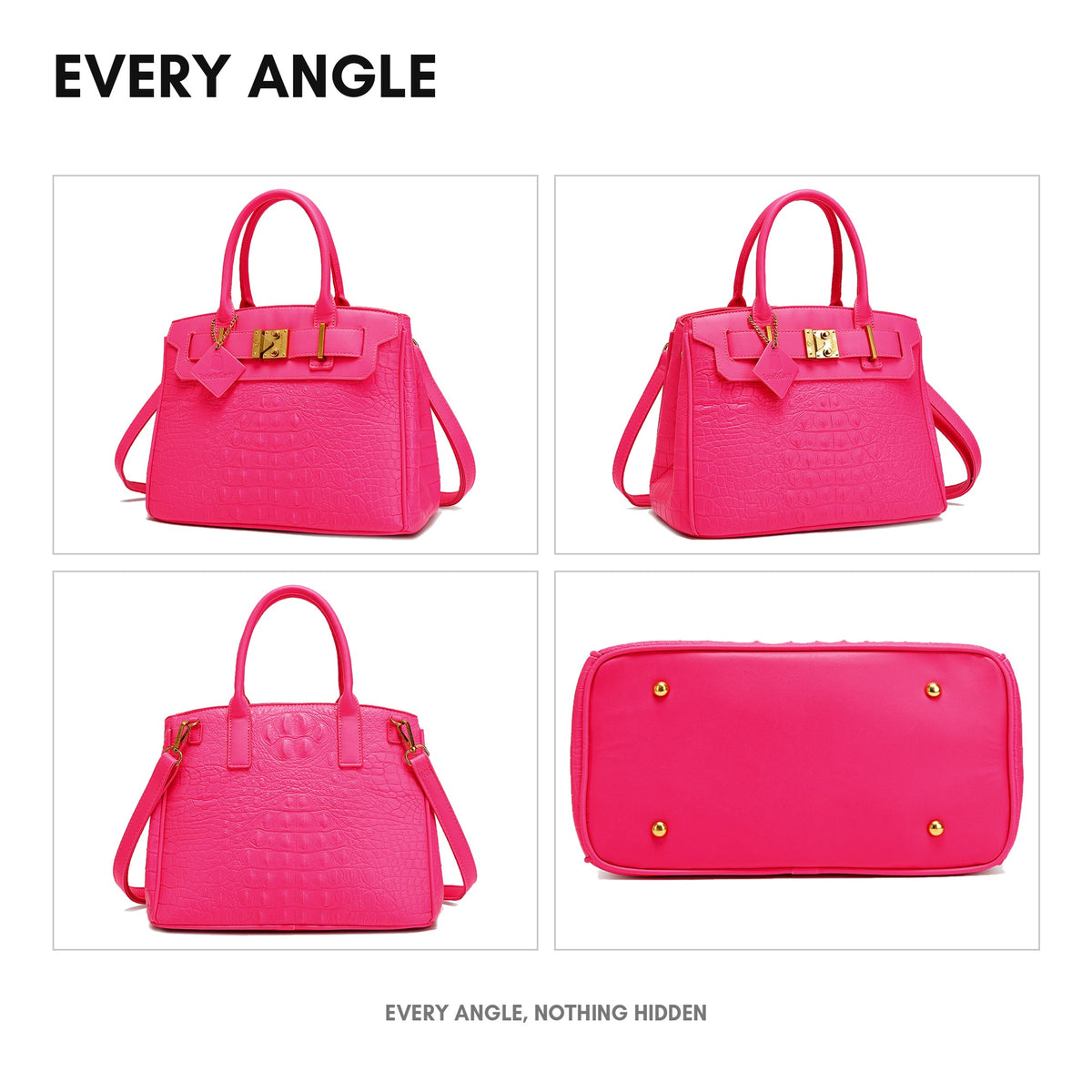 Statement Luxury Prosper Tote in Neon Pink - every angle: front, side, back and interior