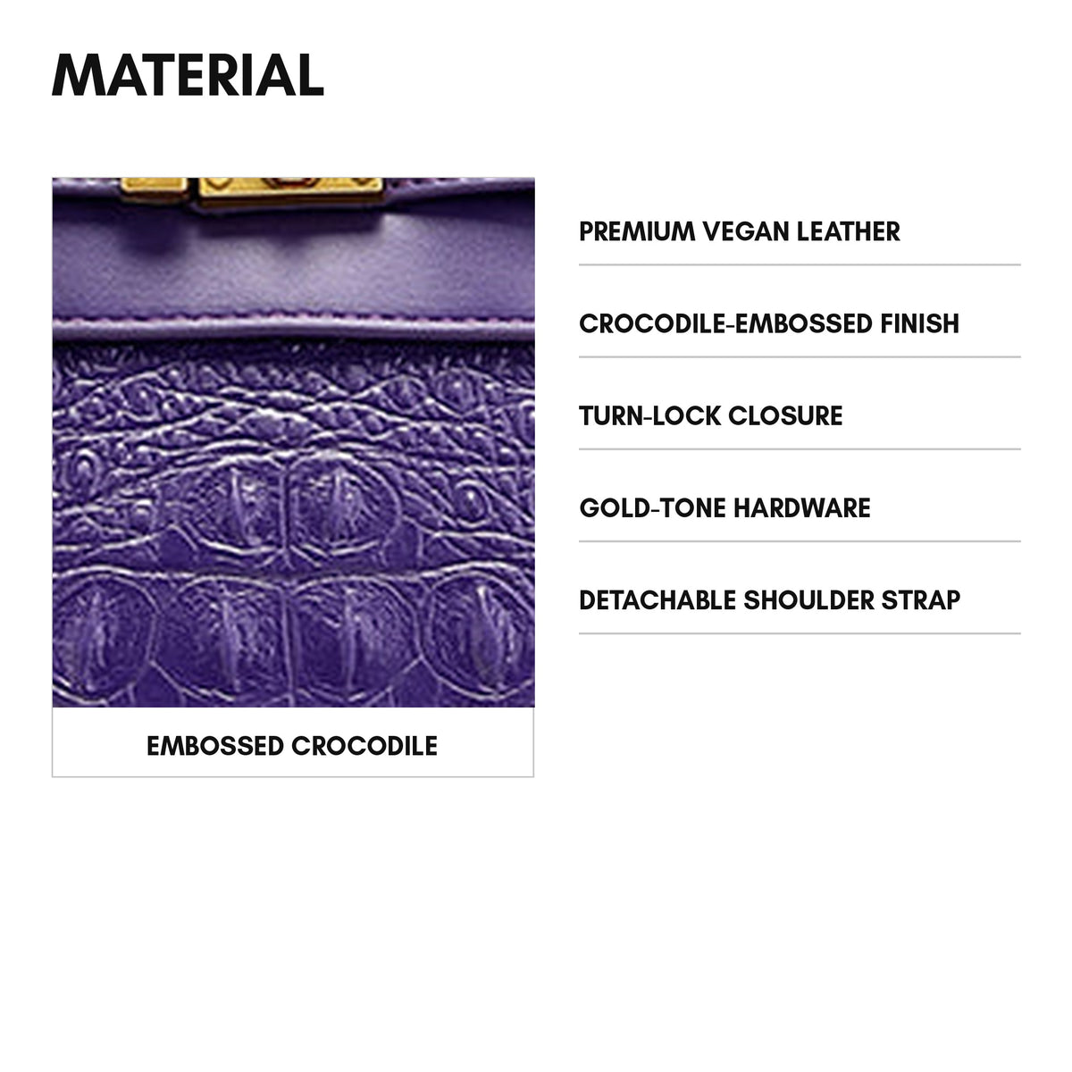 Statement Luxury Prosper Tote in Purple - material and specs: premium vegan leather, crocodile-embossed finish, turn-lock closure, gold-tone hardware, detachable shoulder strap