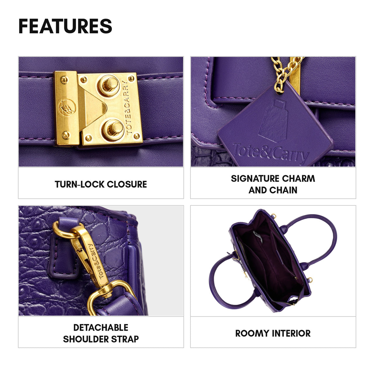 Statement Luxury Prosper Tote in Purple - features: turn-lock closure, signature charm and chain, detachable shoulder strap, roomy interior