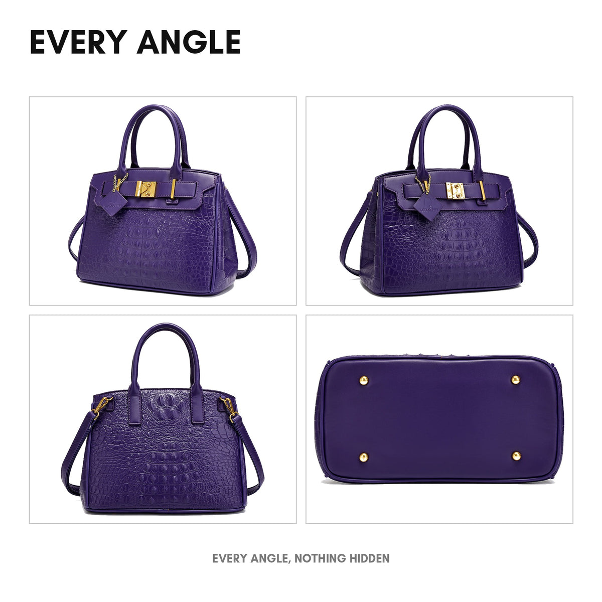 Statement Luxury Prosper Tote in Purple - every angle: front, side, back and interior