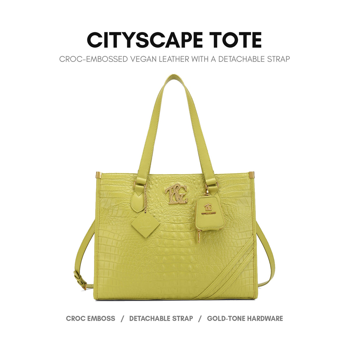 Cityscape Tote in Avocado Green - croc-embossed vegan leather with a detachable strap