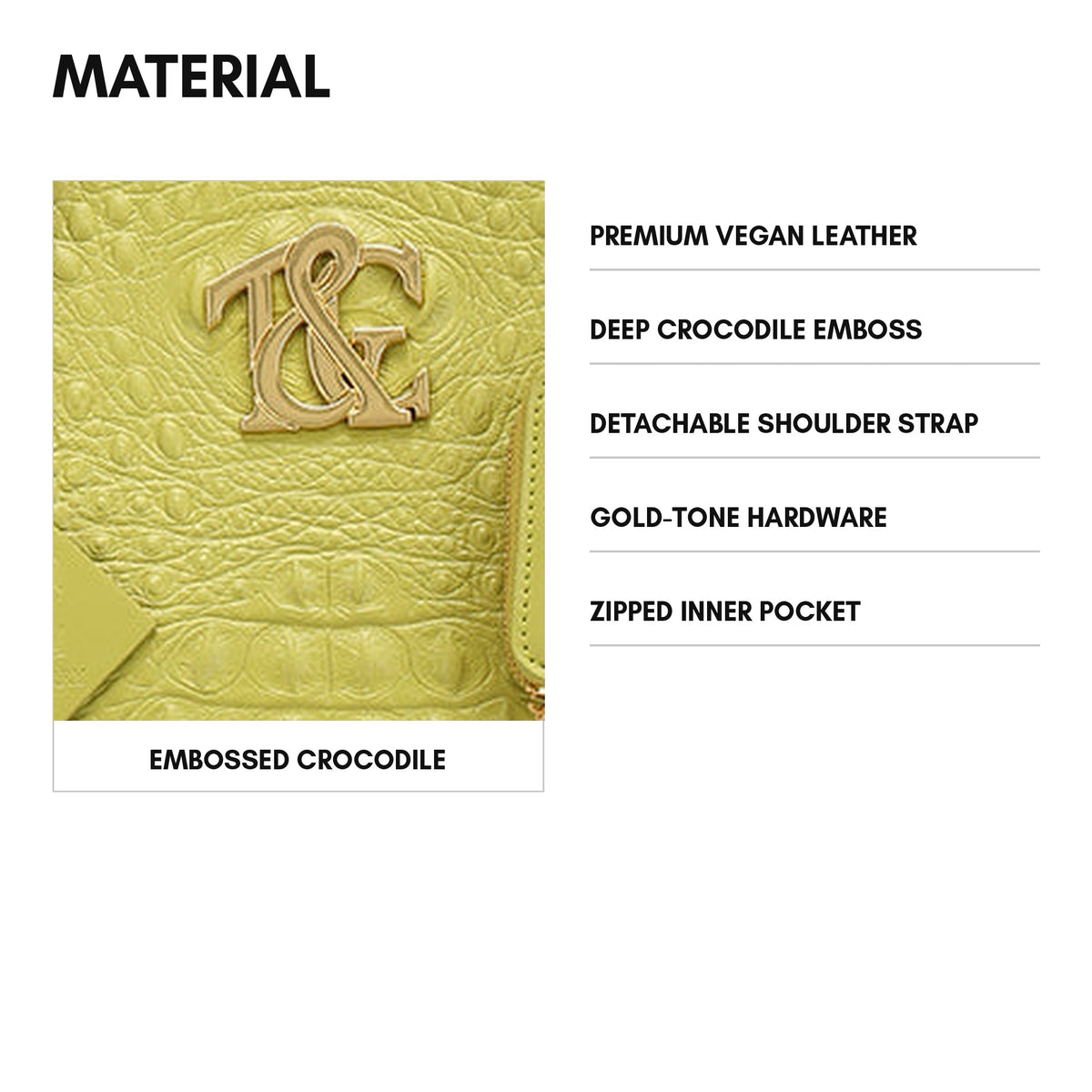 Cityscape Tote in Avocado Green - material and specs: premium vegan leather, deep crocodile emboss, detachable shoulder strap, gold-tone hardware, zipped inner pocket