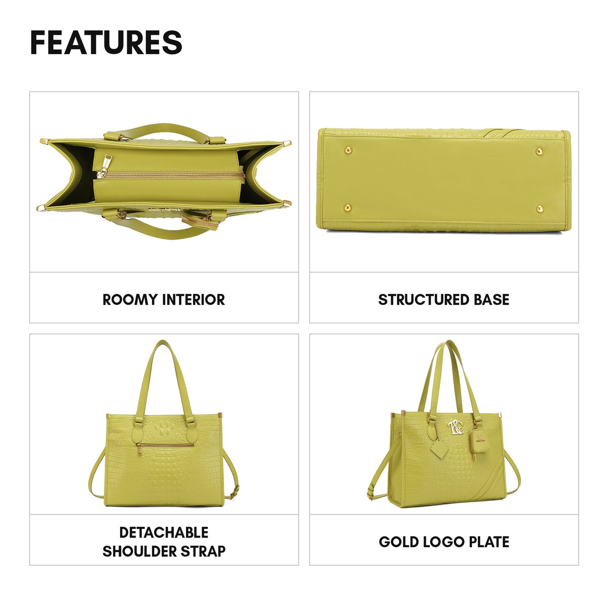 Cityscape Tote in Avocado Green - features: roomy interior, structured base, detachable shoulder strap, gold logo plate