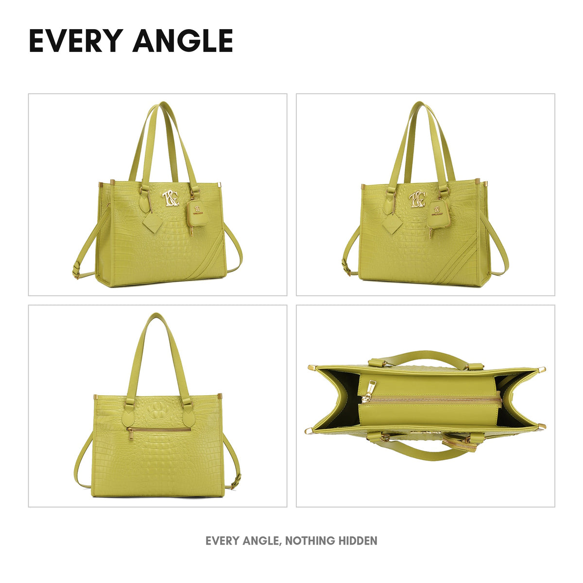 Cityscape Tote in Avocado Green - every angle: front, side, back and interior