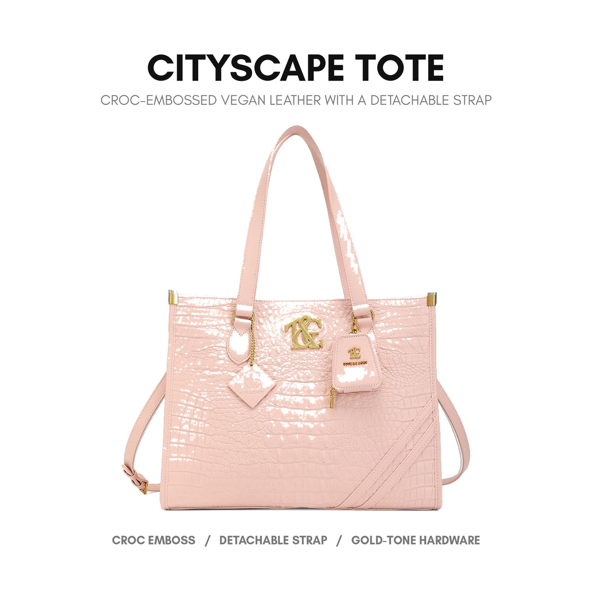 Cityscape Tote in Baby Pink - croc-embossed vegan leather with a detachable strap