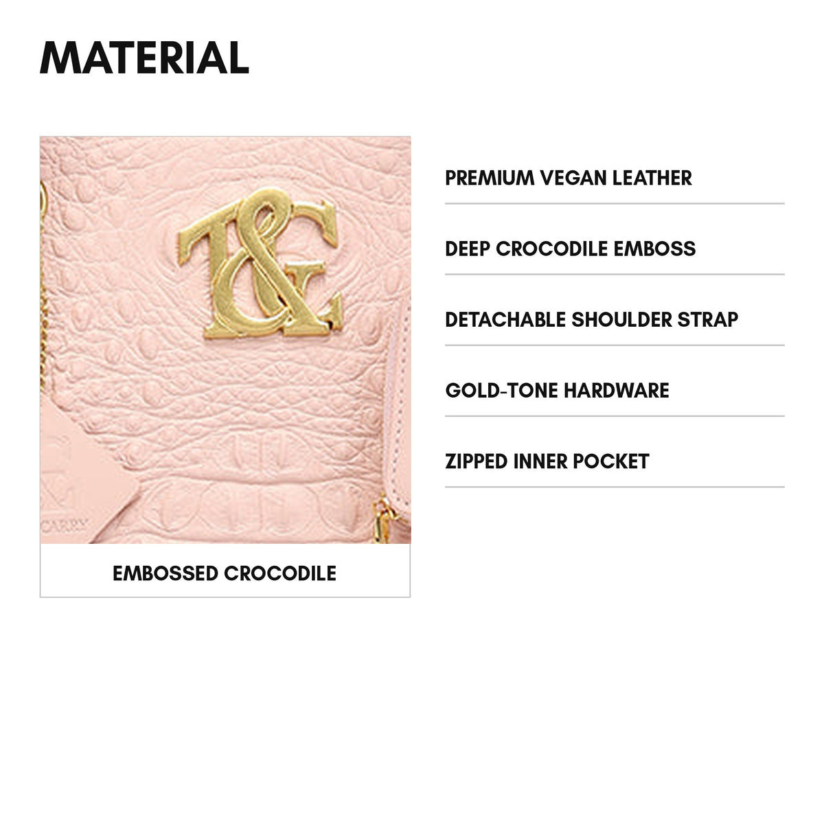 Cityscape Tote in Baby Pink - material and specs: premium vegan leather, deep crocodile emboss, detachable shoulder strap, gold-tone hardware, zipped inner pocket