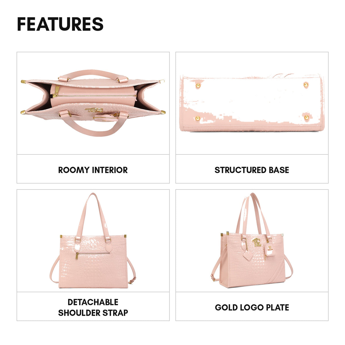 Cityscape Tote in Baby Pink - features: roomy interior, structured base, detachable shoulder strap, gold logo plate