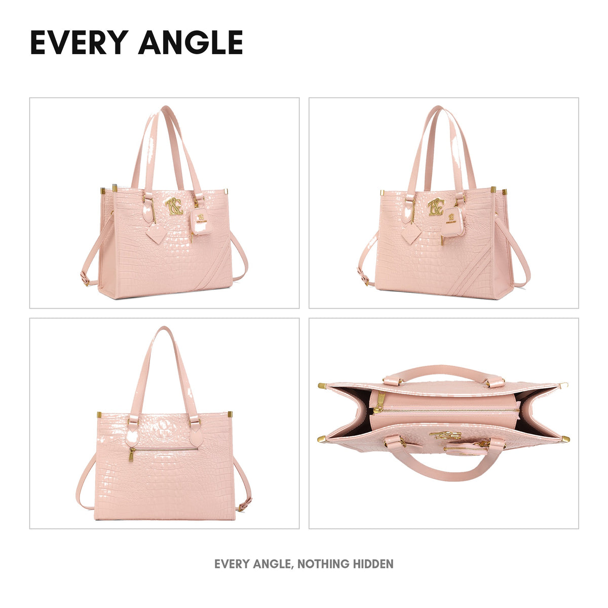Cityscape Tote in Baby Pink - every angle: front, side, back and interior