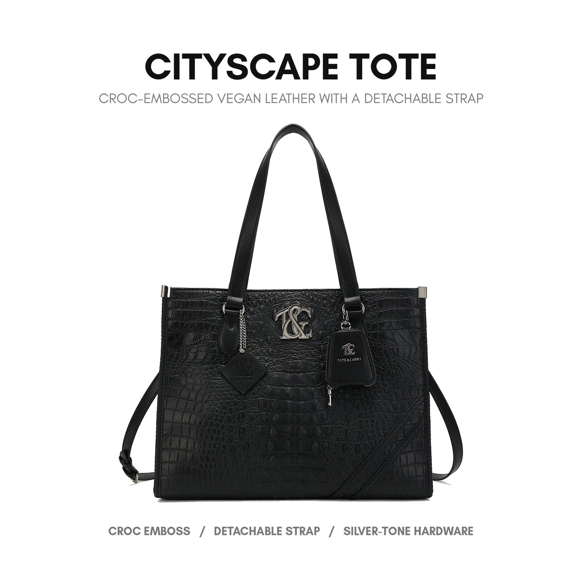 Cityscape Tote in Black - croc-embossed vegan leather with a detachable strap