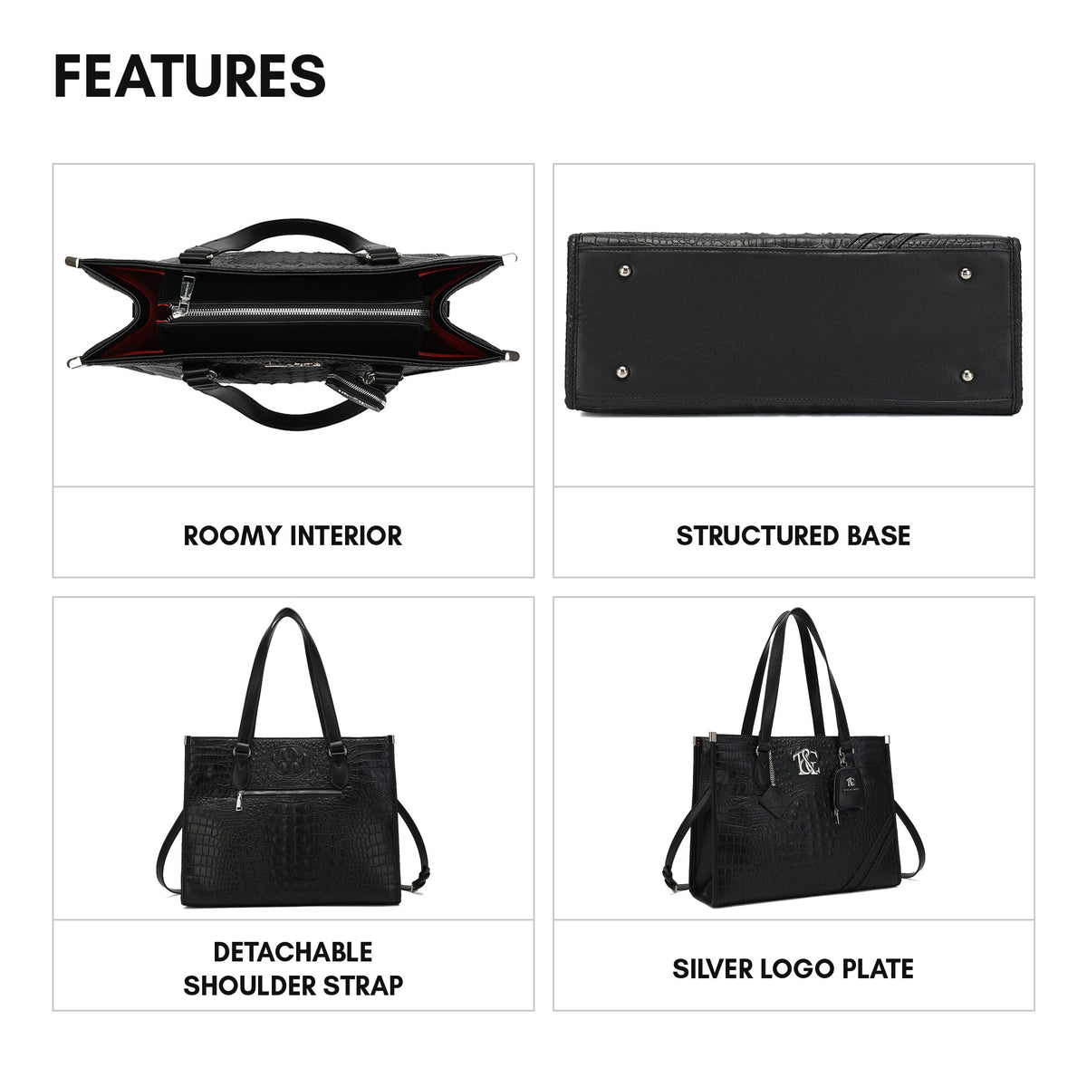 Cityscape Tote in Black - features: roomy interior, structured base, detachable shoulder strap, silver logo plate