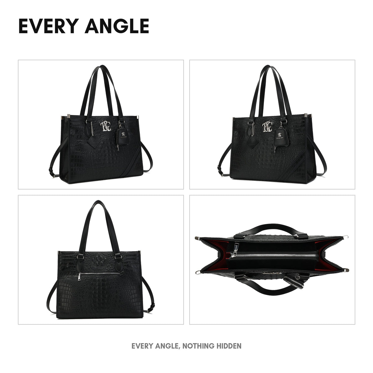 Cityscape Tote in Black - every angle: front, side, back and interior