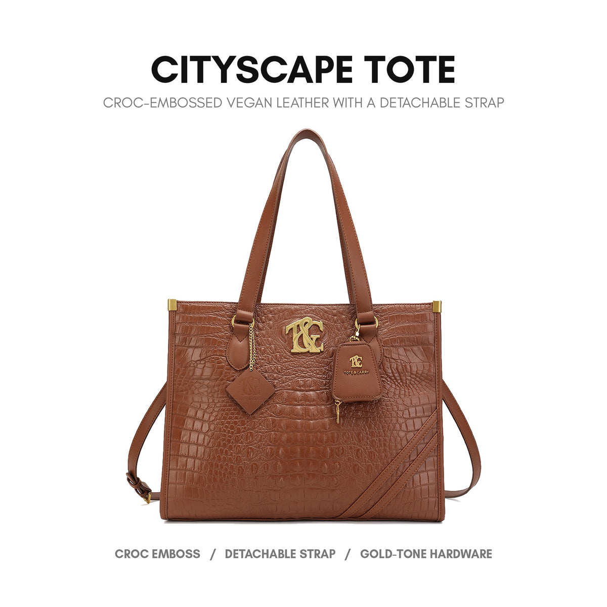 Cityscape Tote in Brown - croc-embossed vegan leather with a detachable strap