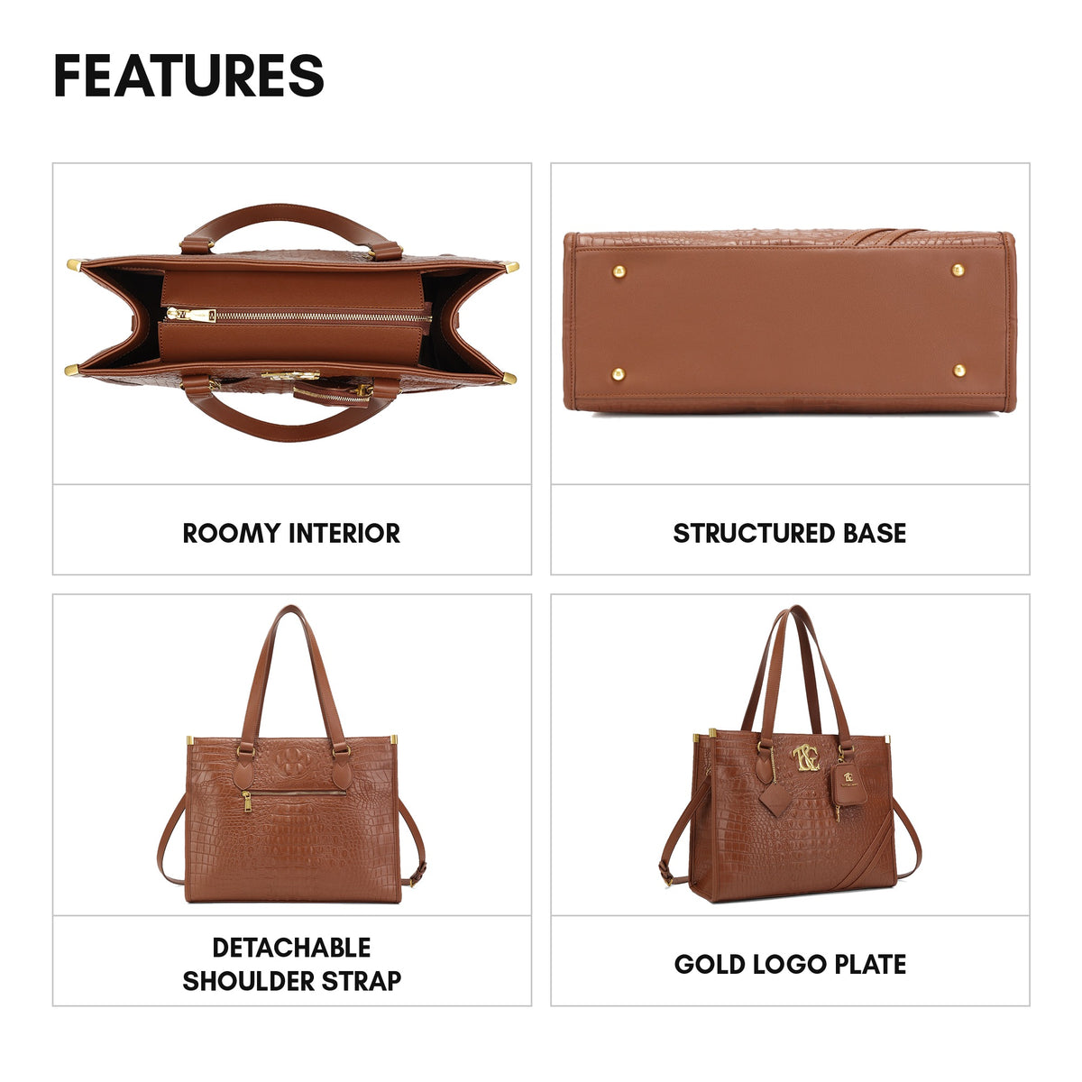 Cityscape Tote in Brown - features: roomy interior, structured base, detachable shoulder strap, gold logo plate