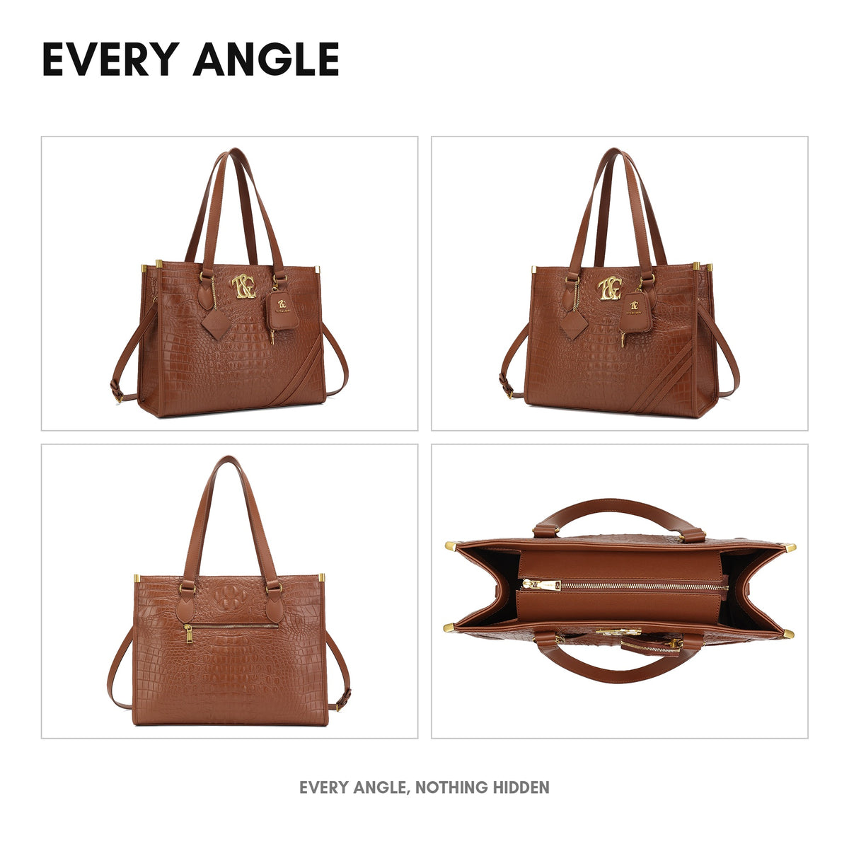 Cityscape Tote in Brown - every angle: front, side, back and interior