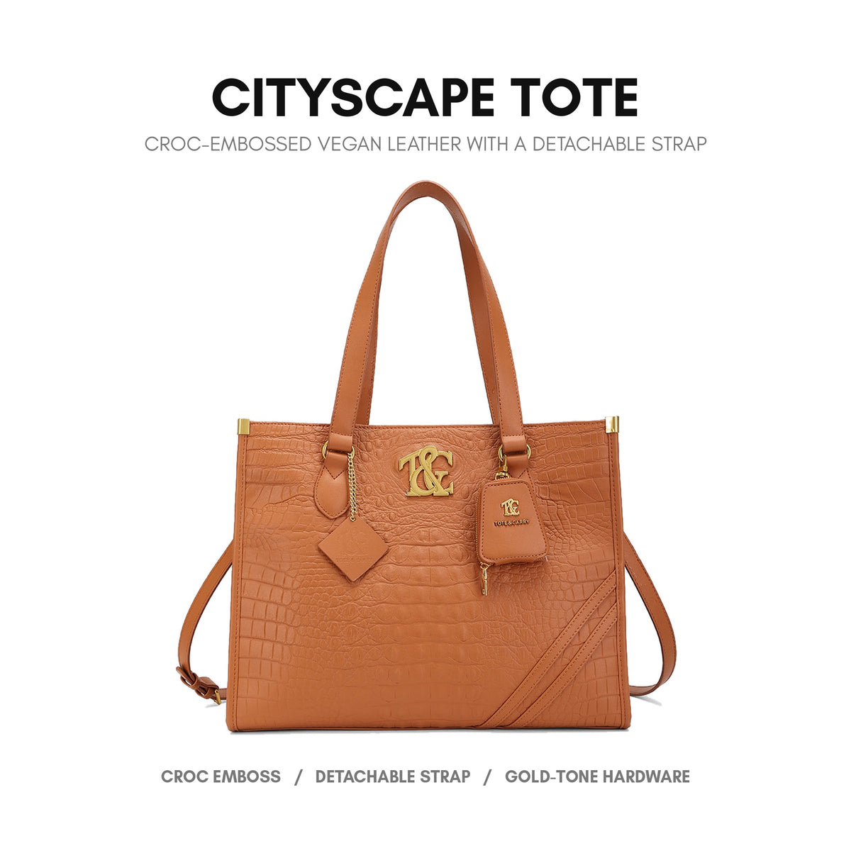 Cityscape Tote in Caramel - croc-embossed vegan leather with a detachable strap