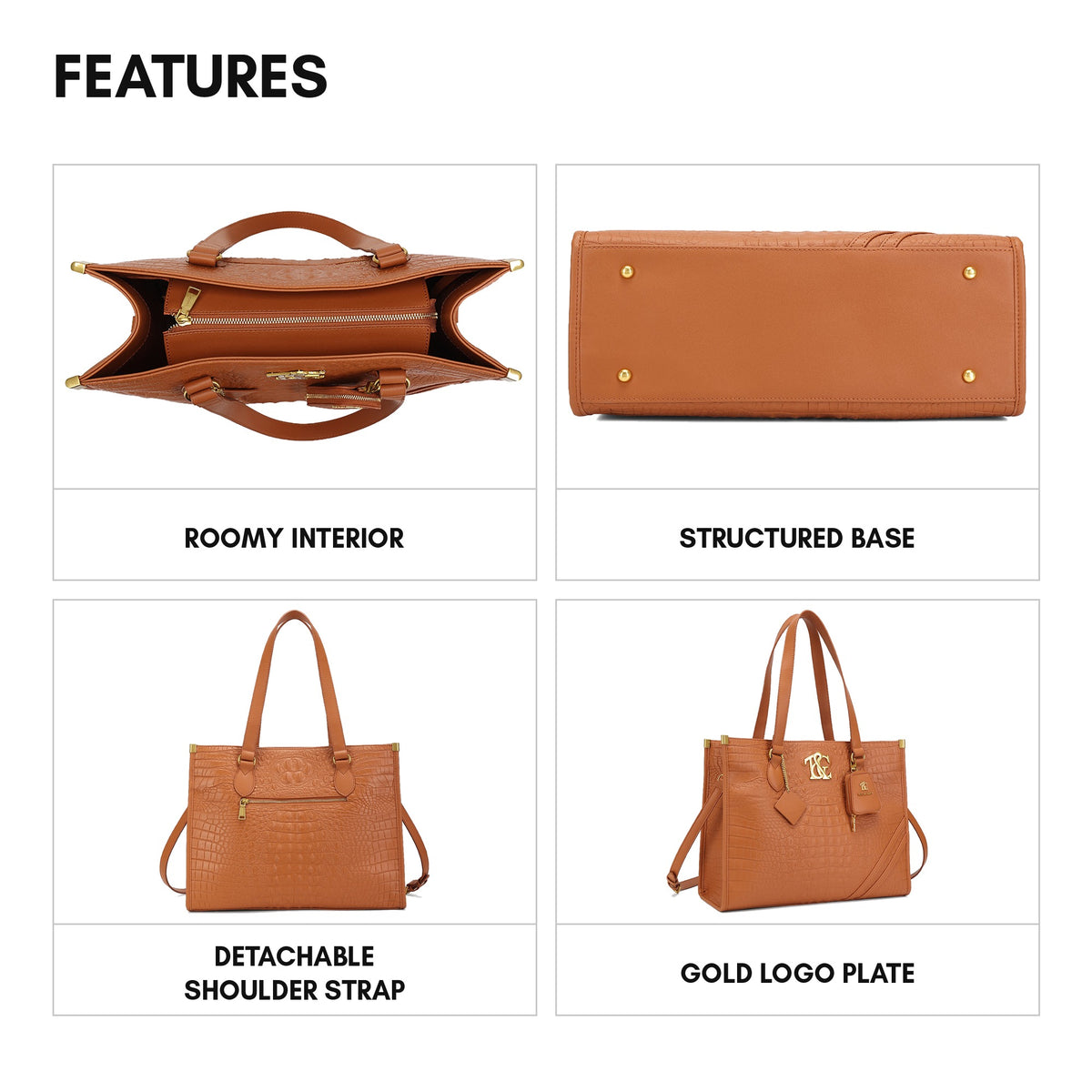 Cityscape Tote in Caramel - features: roomy interior, structured base, detachable shoulder strap, gold logo plate
