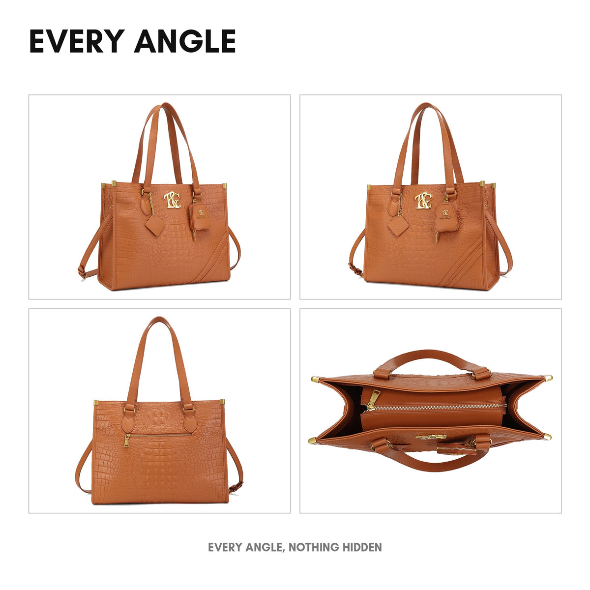 Cityscape Tote in Caramel - every angle: front, side, back and interior
