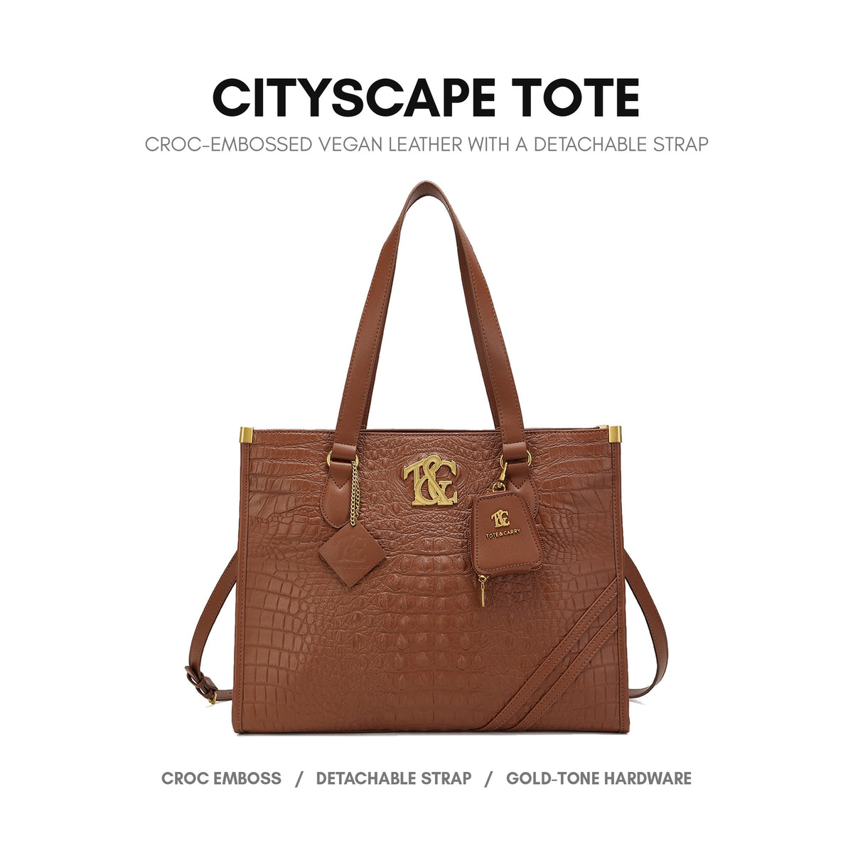 Cityscape Tote in Chocolate - croc-embossed vegan leather with a detachable strap