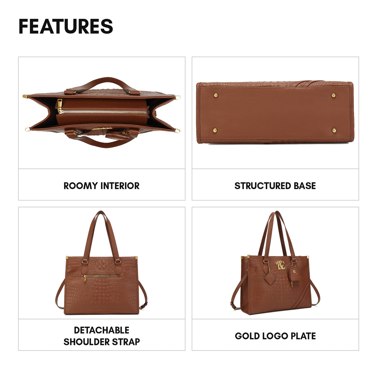Cityscape Tote in Chocolate - features: roomy interior, structured base, detachable shoulder strap, gold logo plate