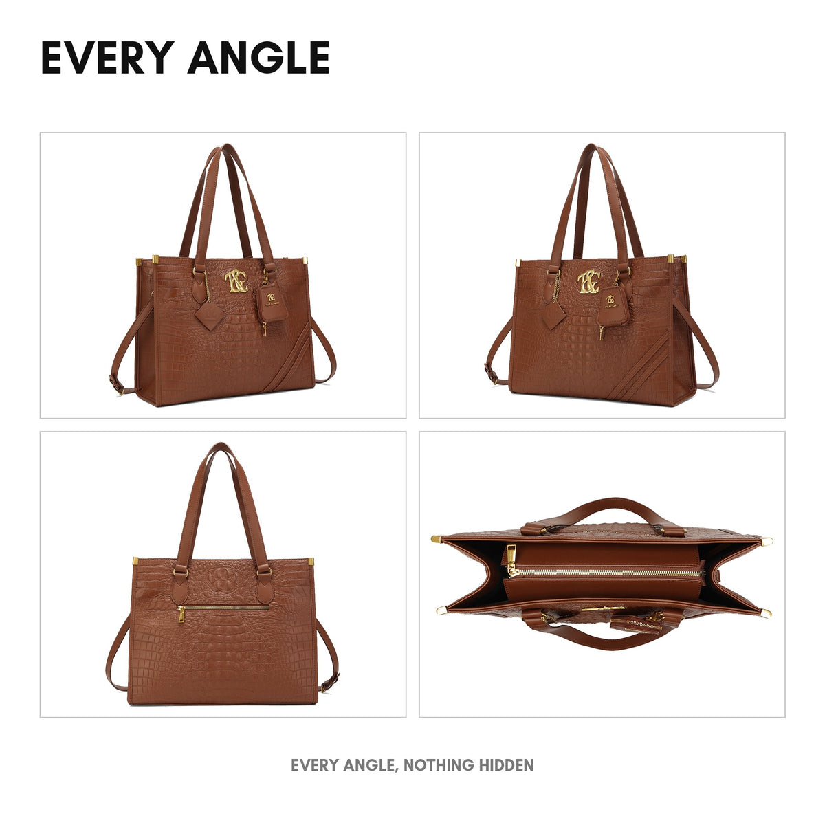 Cityscape Tote in Chocolate - every angle: front, side, back and interior