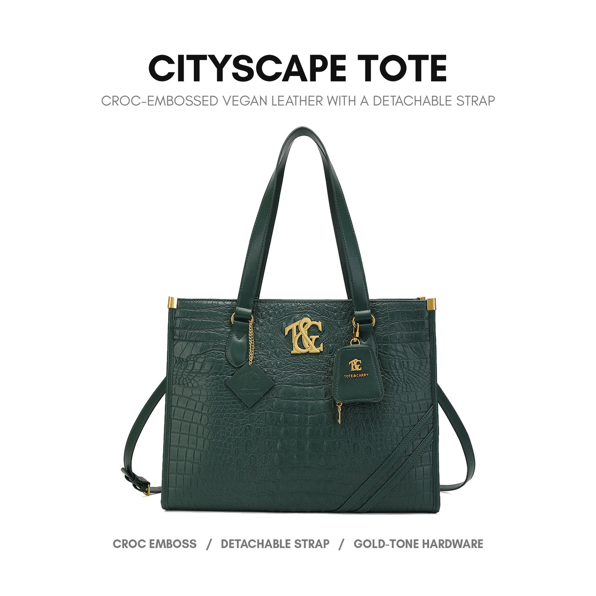 Cityscape Tote in Emerald Green - croc-embossed vegan leather with a detachable strap