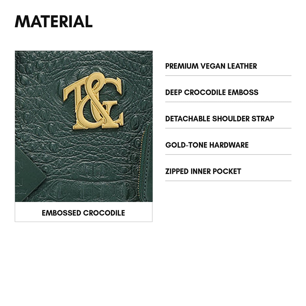 Cityscape Tote in Emerald Green - material and specs: premium vegan leather, deep crocodile emboss, detachable shoulder strap, gold-tone hardware, zipped inner pocket