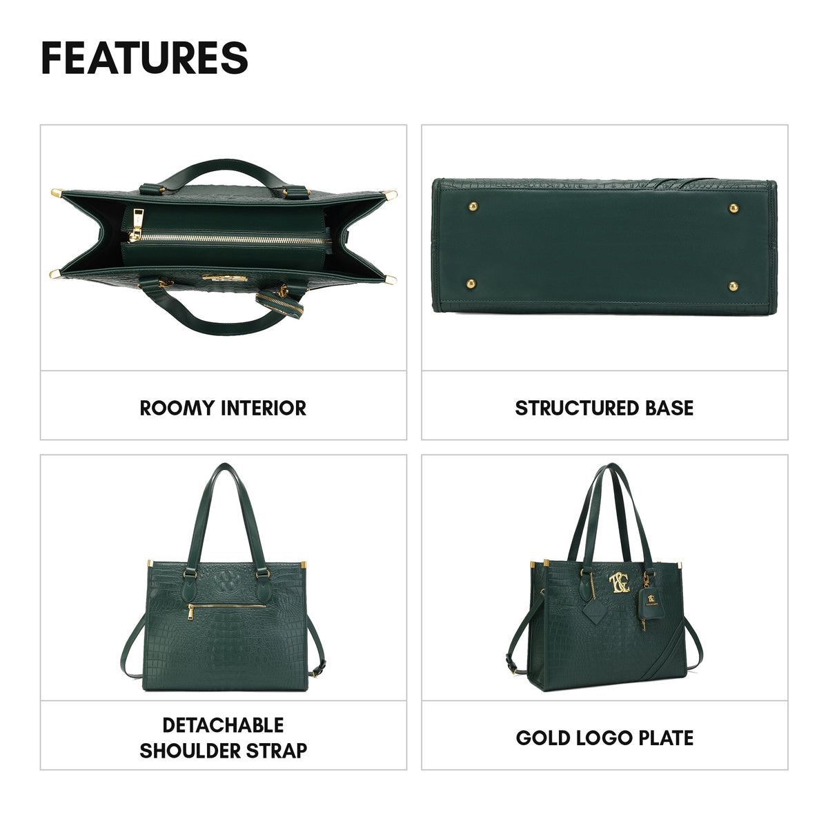 Cityscape Tote in Emerald Green - features: roomy interior, structured base, detachable shoulder strap, gold logo plate