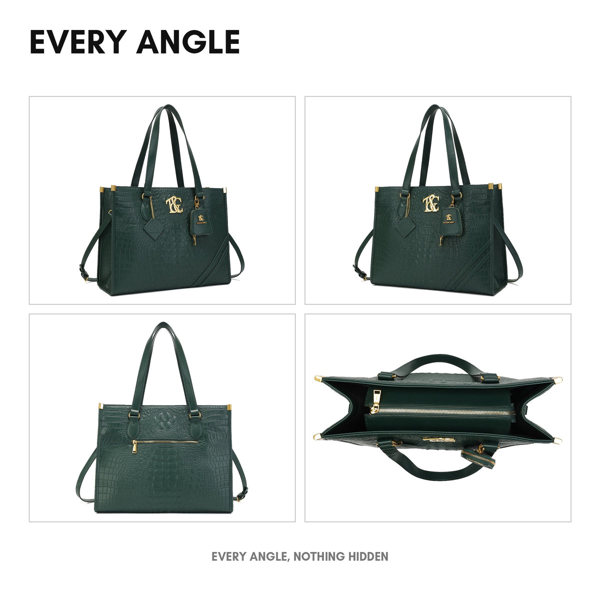 Cityscape Tote in Emerald Green - every angle: front, side, back and interior