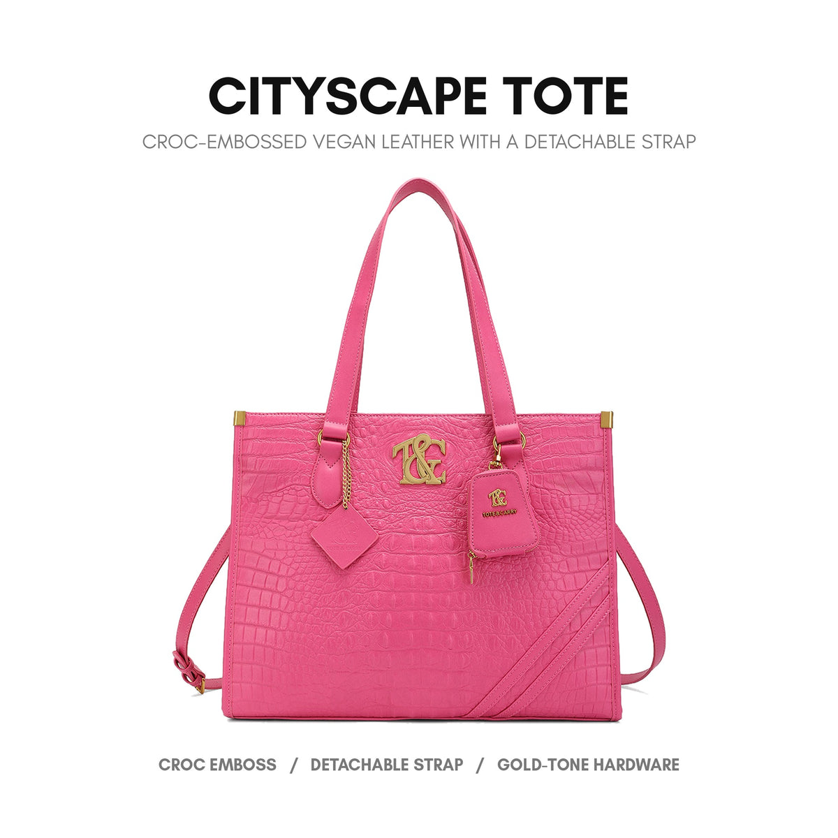 Cityscape Tote in Fuchsia - croc-embossed vegan leather with a detachable strap