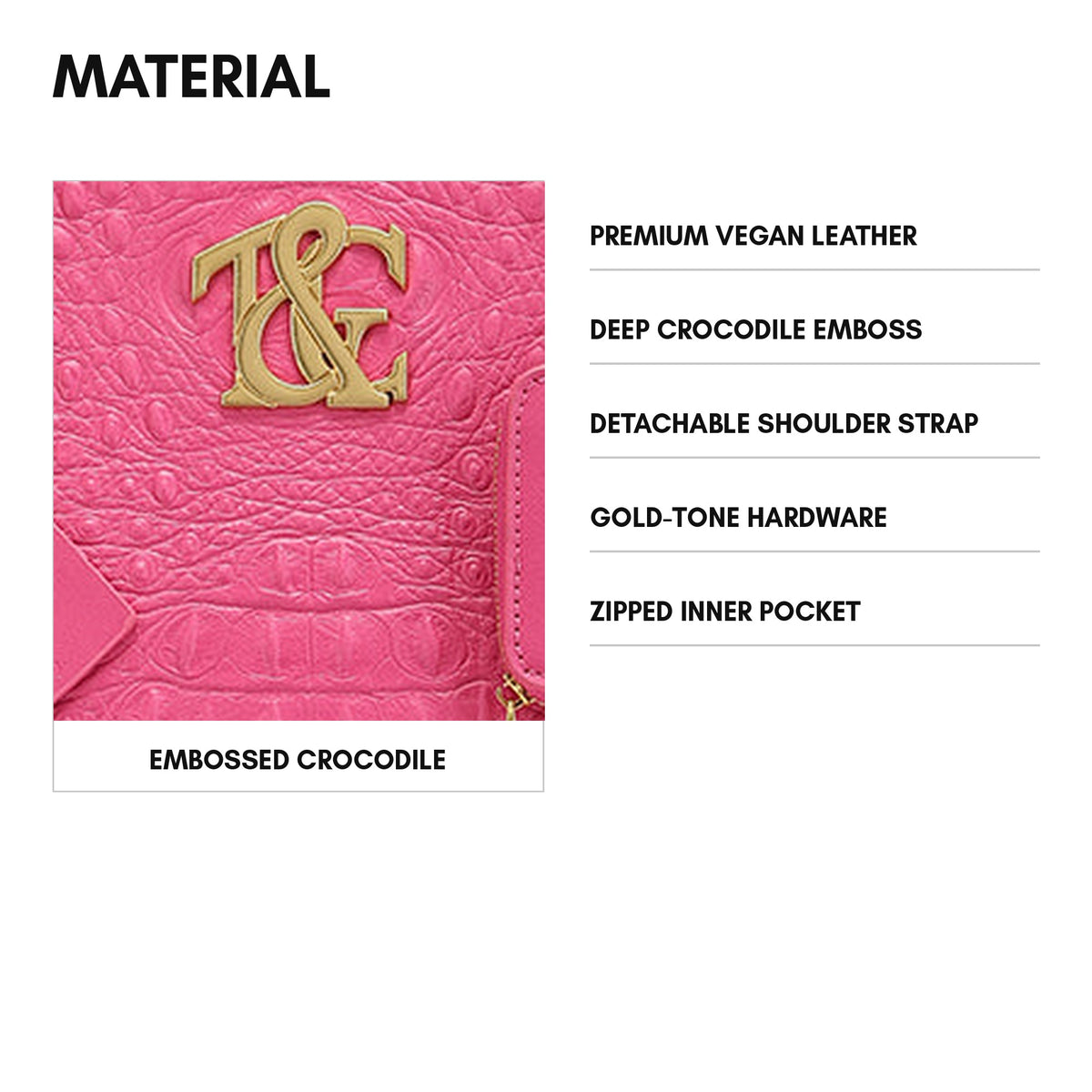Cityscape Tote in Fuchsia - material and specs: premium vegan leather, deep crocodile emboss, detachable shoulder strap, gold-tone hardware, zipped inner pocket