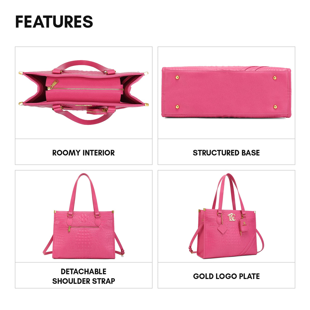 Cityscape Tote in Fuchsia - features: roomy interior, structured base, detachable shoulder strap, gold logo plate