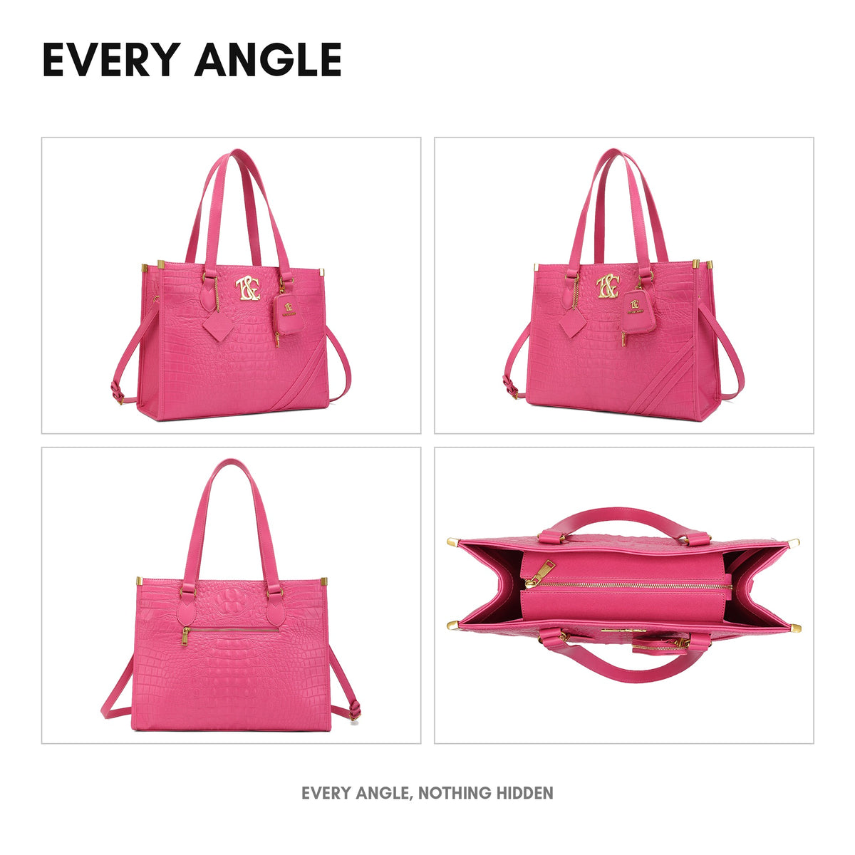 Cityscape Tote in Fuchsia - every angle: front, side, back and interior
