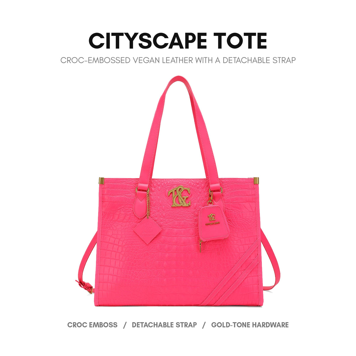 Cityscape Tote in Neon Pink - croc-embossed vegan leather with a detachable strap