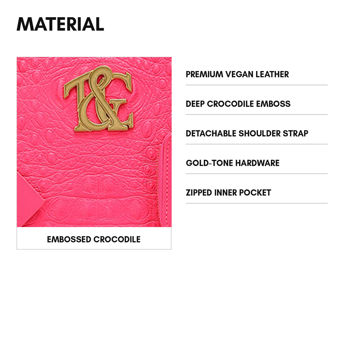 Cityscape Tote in Neon Pink - material and specs: premium vegan leather, deep crocodile emboss, detachable shoulder strap, gold-tone hardware, zipped inner pocket