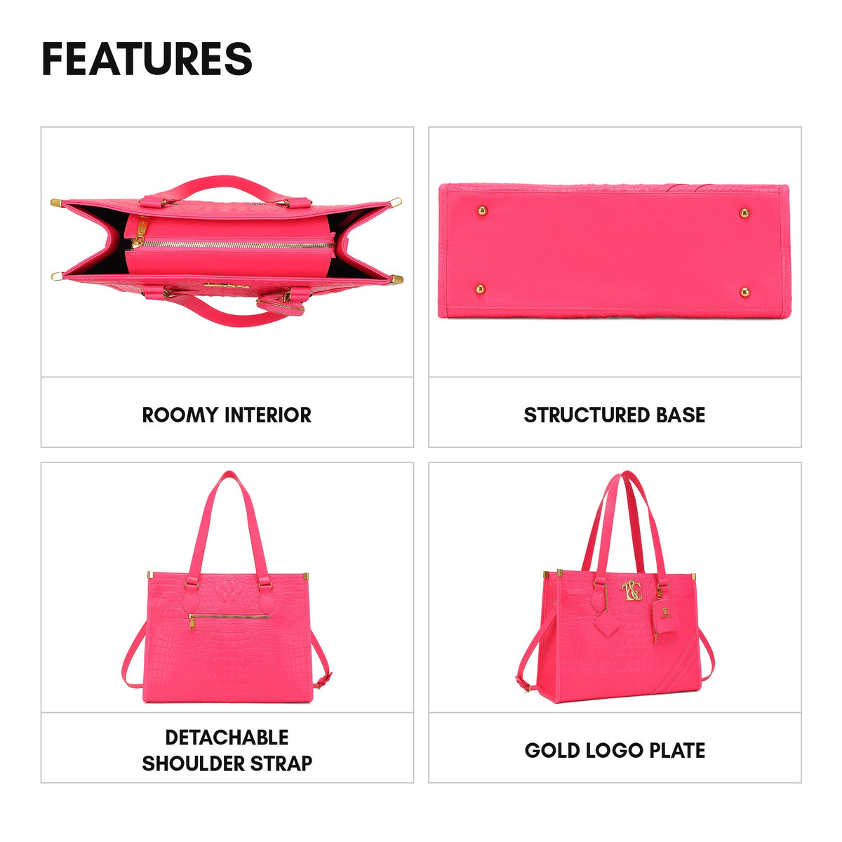 Cityscape Tote in Neon Pink - features: roomy interior, structured base, detachable shoulder strap, gold logo plate