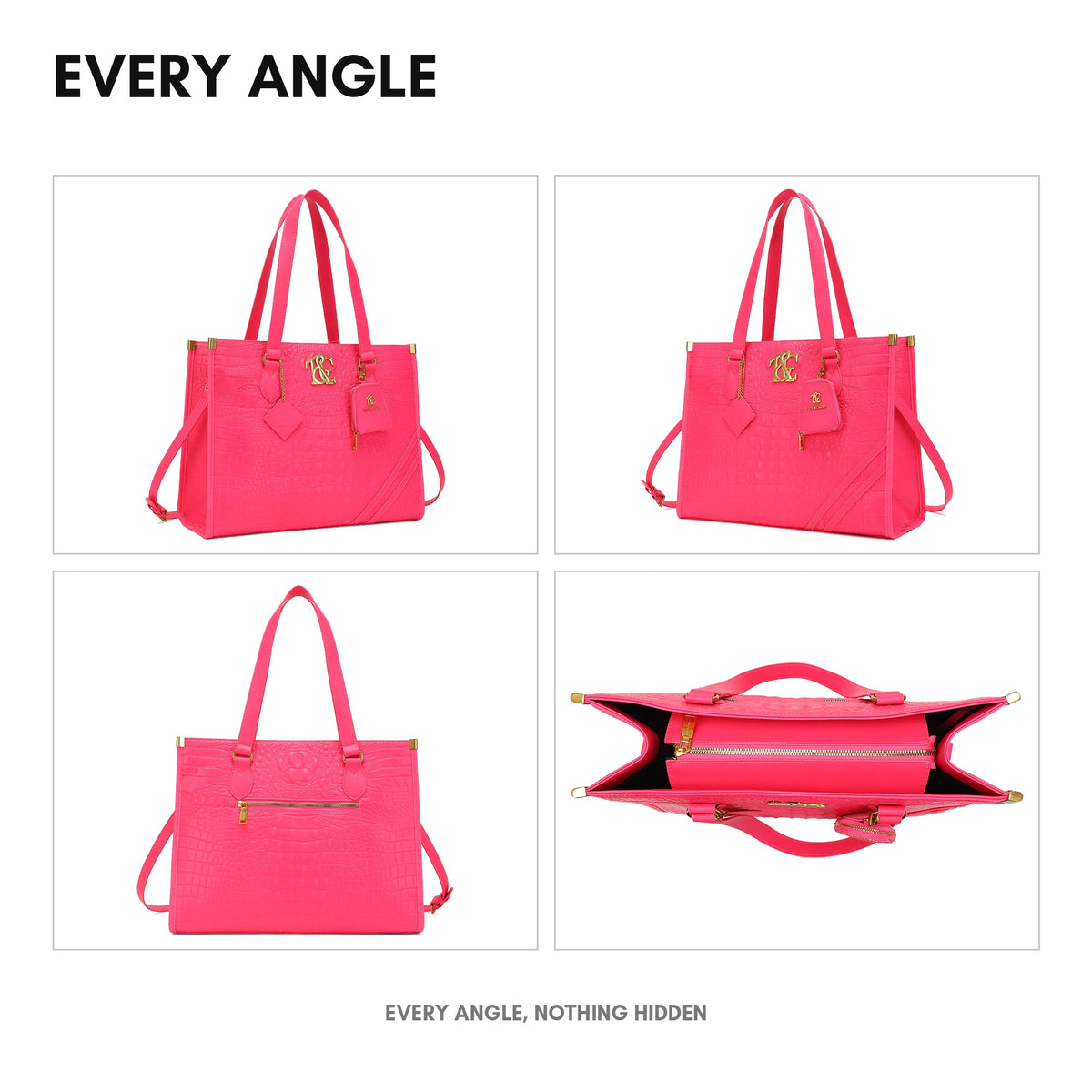 Cityscape Tote in Neon Pink - every angle: front, side, back and interior
