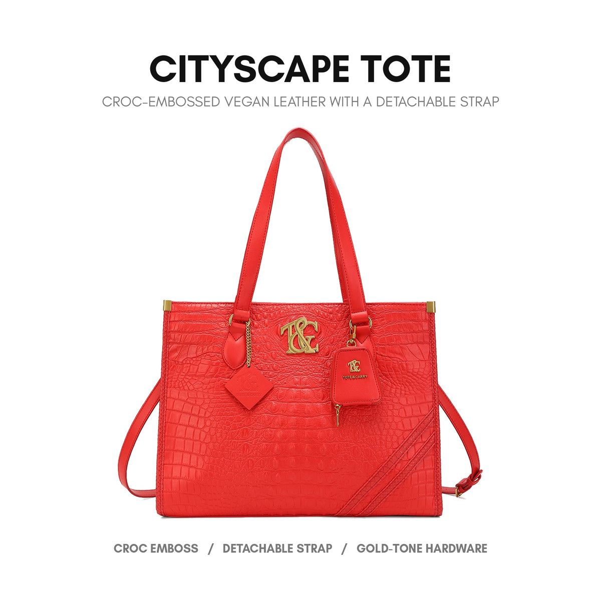 Cityscape Tote in Red - croc-embossed vegan leather with a detachable strap