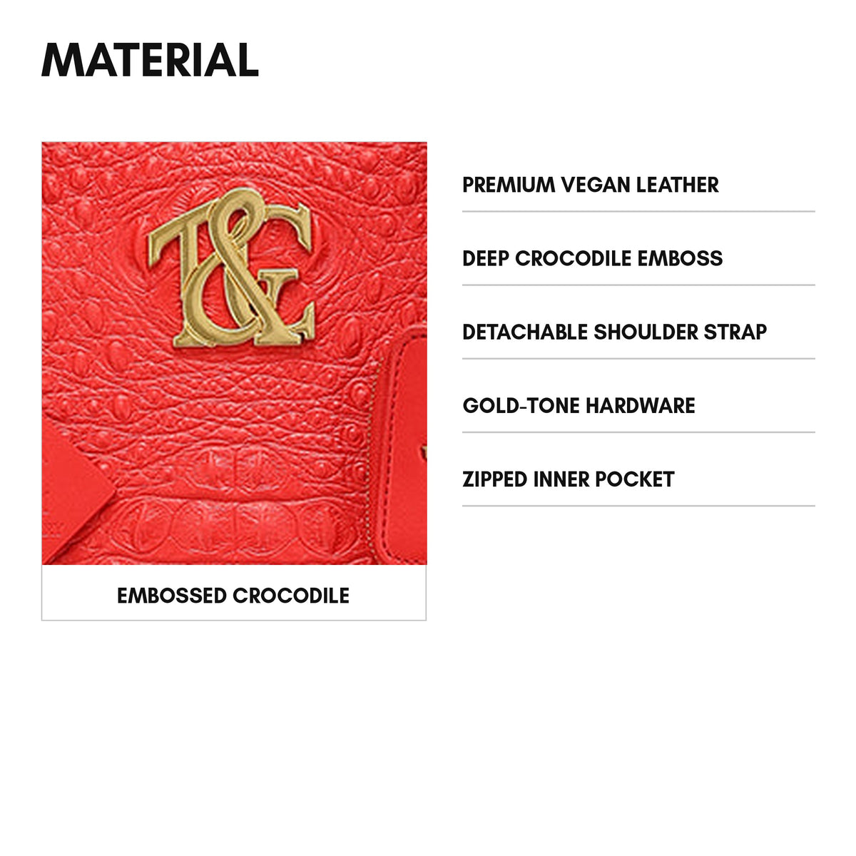 Cityscape Tote in Red - material and specs: premium vegan leather, deep crocodile emboss, detachable shoulder strap, gold-tone hardware, zipped inner pocket