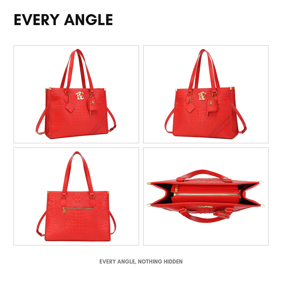 Cityscape Tote in Red - every angle: front, side, back and interior