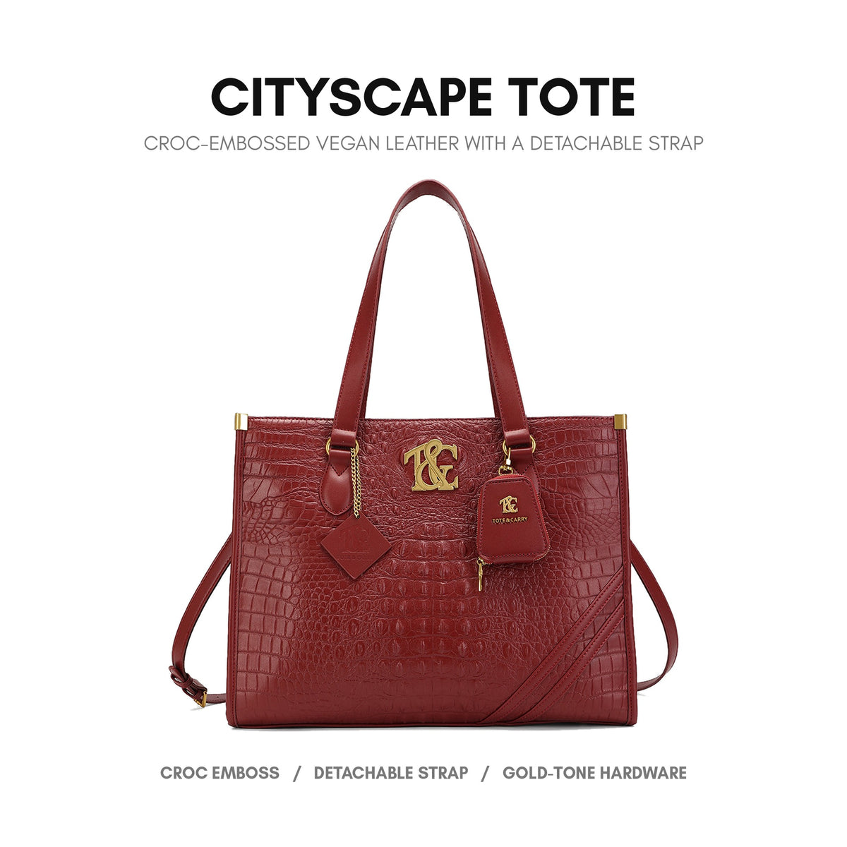 Cityscape Tote in Wine Red - croc-embossed vegan leather with a detachable strap