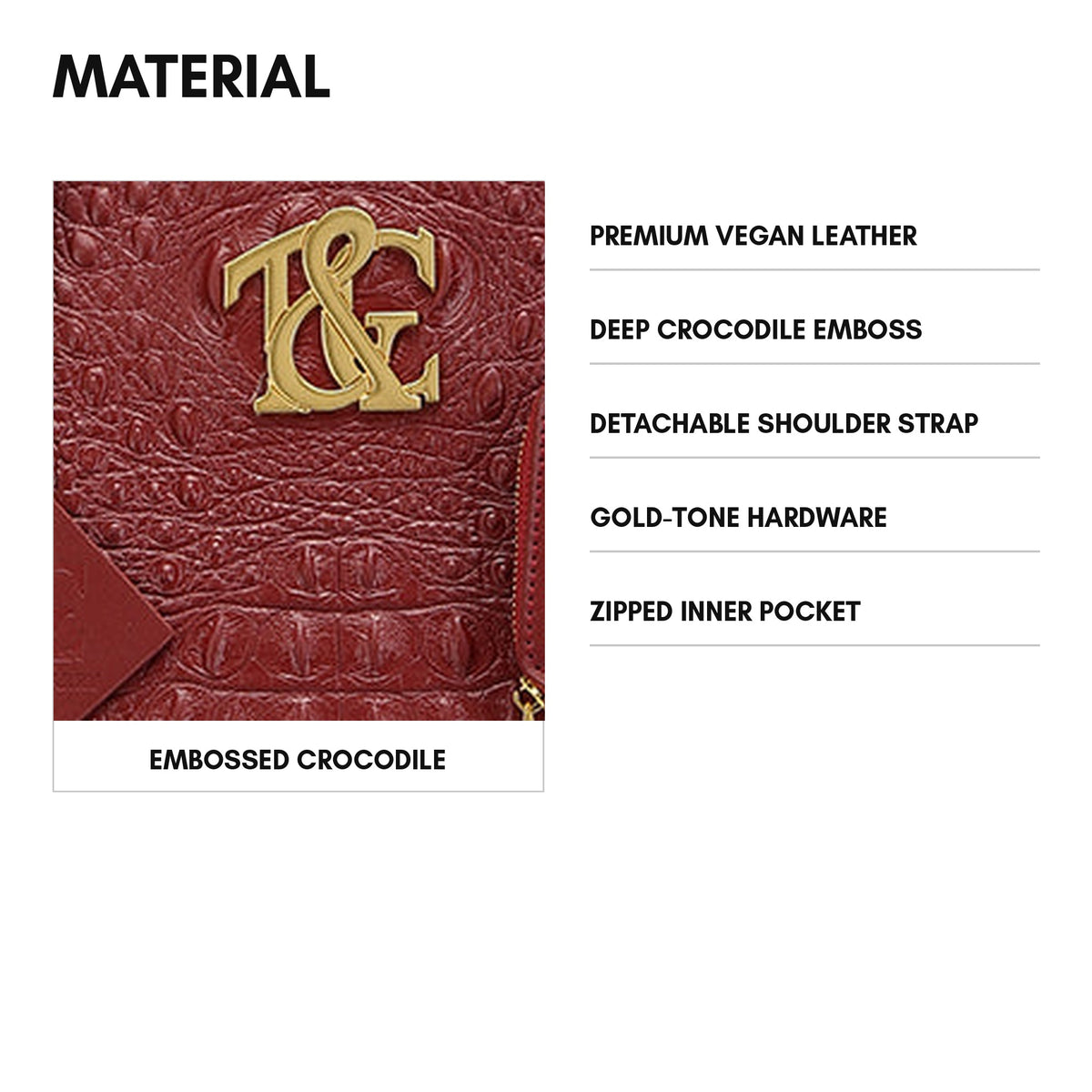 Cityscape Tote in Wine Red - material and specs: premium vegan leather, deep crocodile emboss, detachable shoulder strap, gold-tone hardware, zipped inner pocket