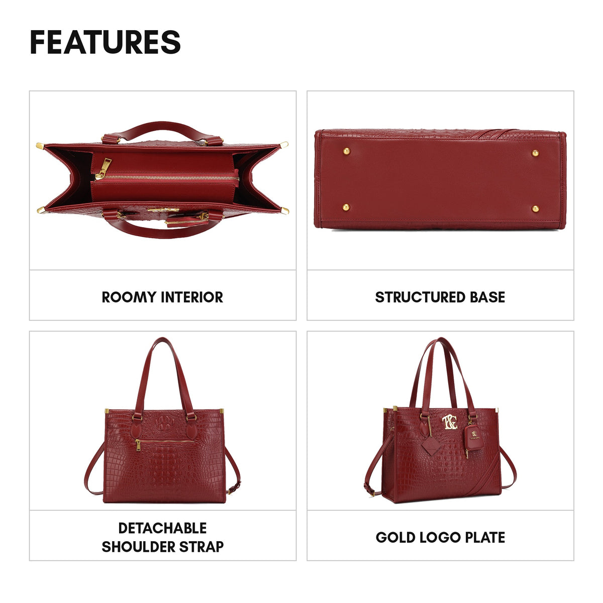 Cityscape Tote in Wine Red - features: roomy interior, structured base, detachable shoulder strap, gold logo plate