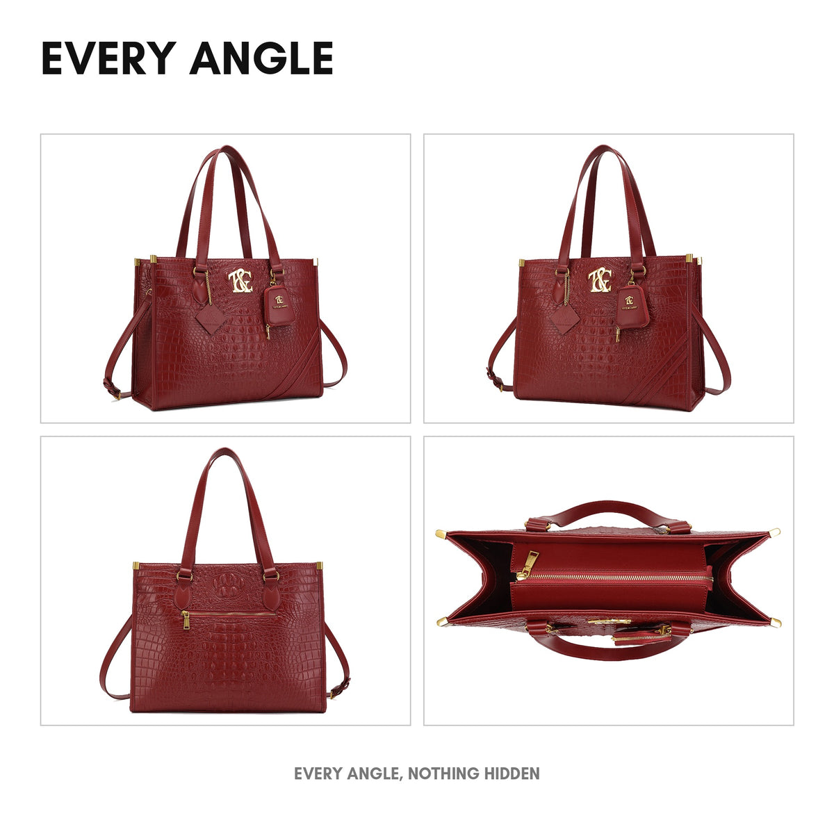 Cityscape Tote in Wine Red - every angle: front, side, back and interior