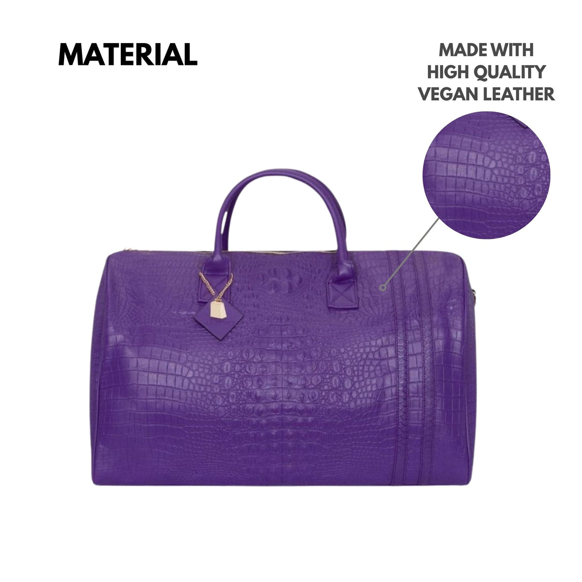 Tote&Carry Classic Weekender Duffle Bag in Purple — high quality vegan leather material detail