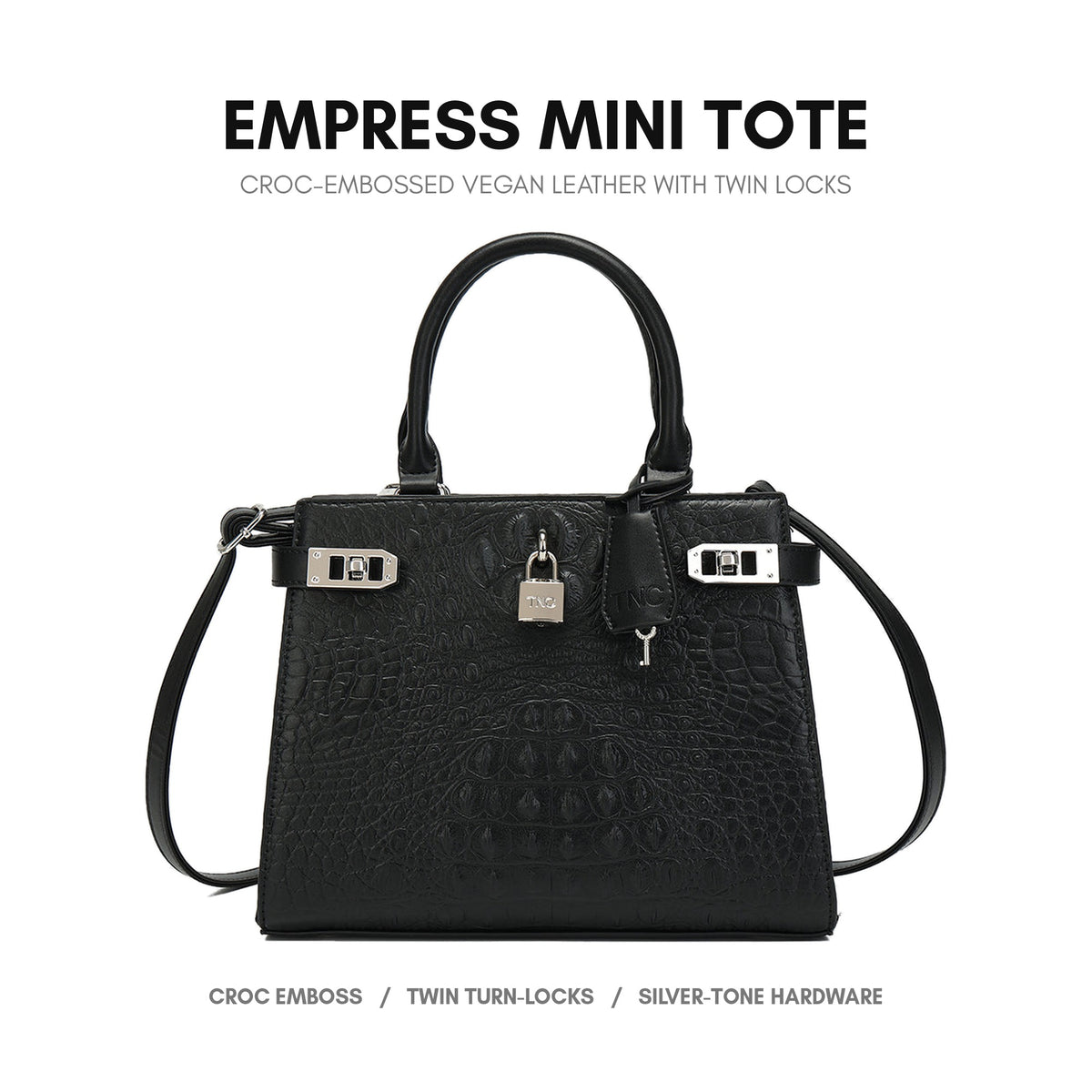 Empress Mini Tote in Black - croc-embossed vegan leather with twin locks